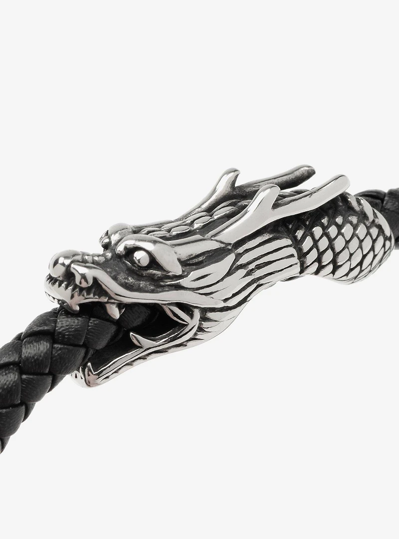 Dragon Head Braided Black Leather Bracelet with Magnetic Closure
