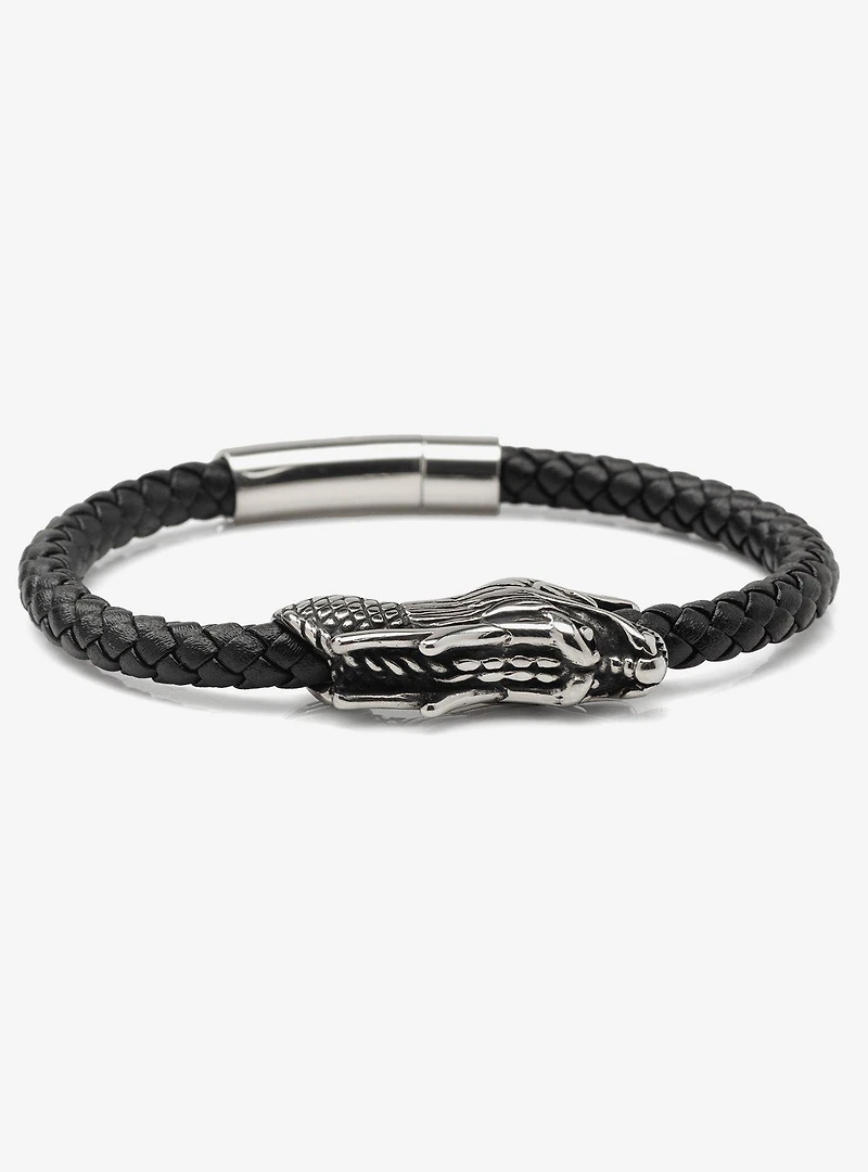 Dragon Head Braided Black Leather Bracelet with Magnetic Closure