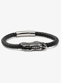 Dragon Head Braided Black Leather Bracelet with Magnetic Closure