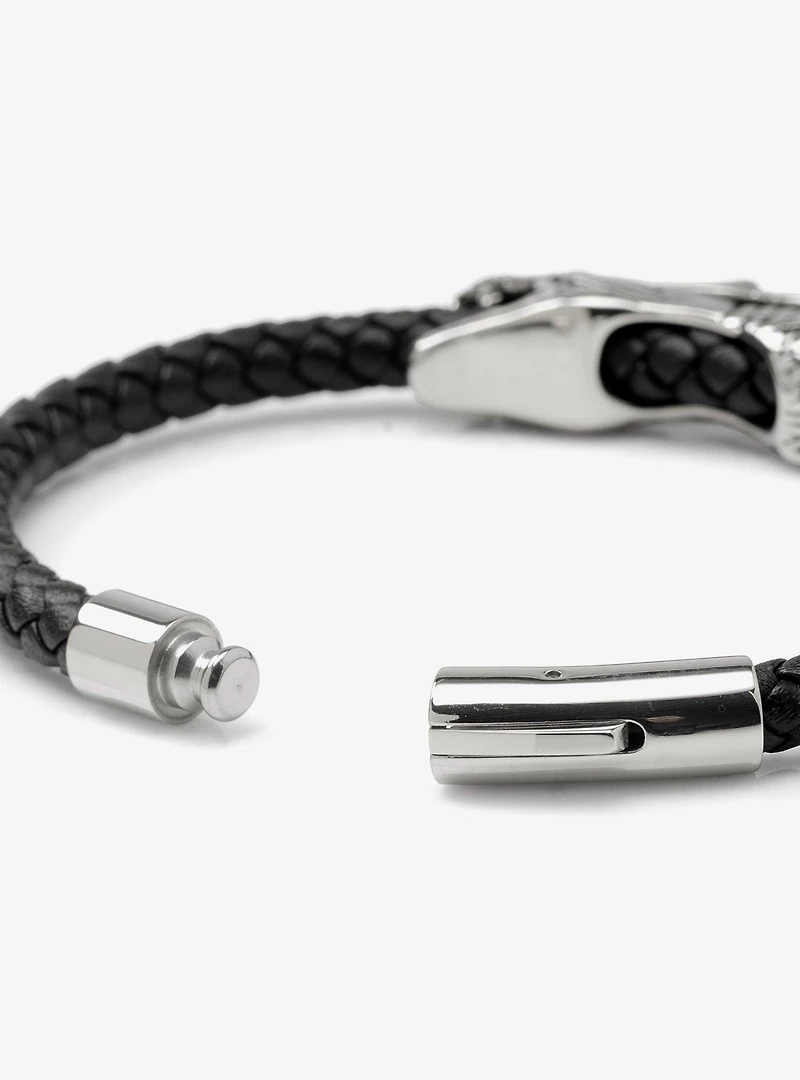 Dragon Head Braided Black Leather Bracelet with Magnetic Closure