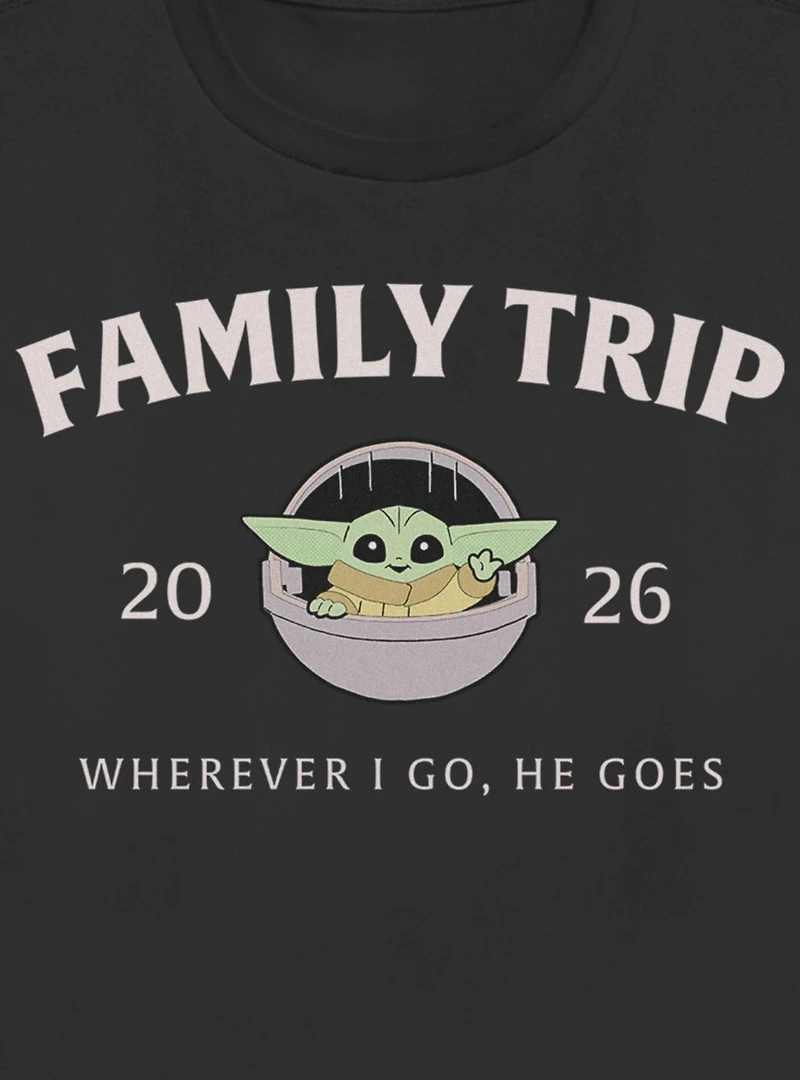 Star Wars The Mandalorian Family Trip 2026 Wherever I Go He Goes Grogu Womens T-Shirt