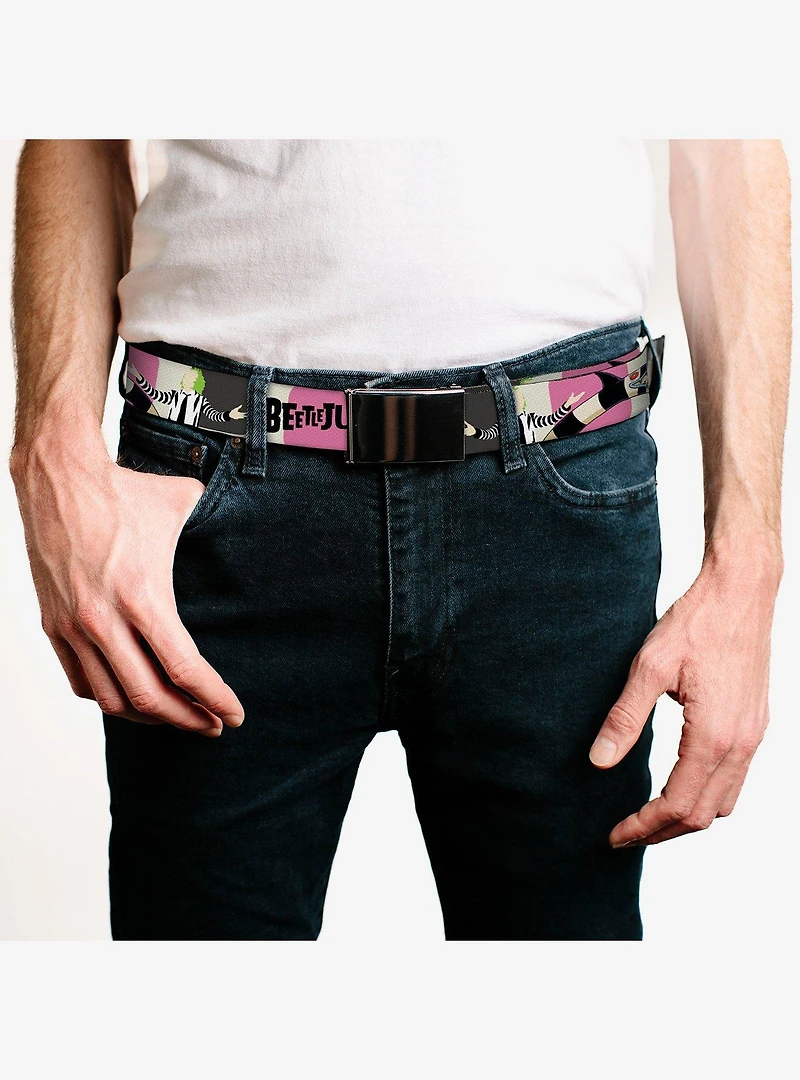 Beetlejuice Pose and Sandworm Stripe White Clamp Buckle Belt