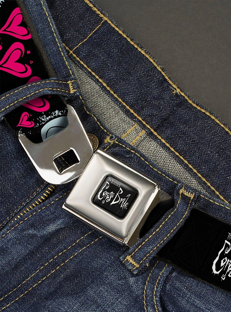 Corpse Bride Emily Hearts and Skull Black White Pink Seatbelt Buckle Belt