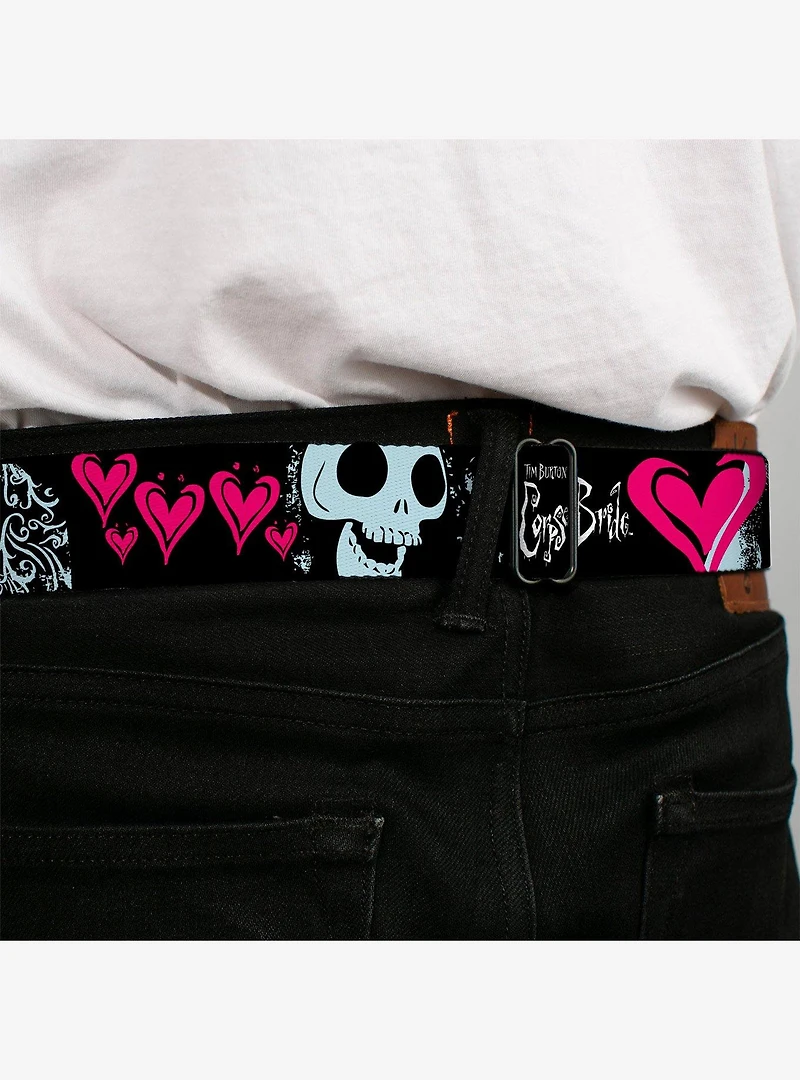 Corpse Bride Emily Hearts and Skull Black White Pink Seatbelt Buckle Belt