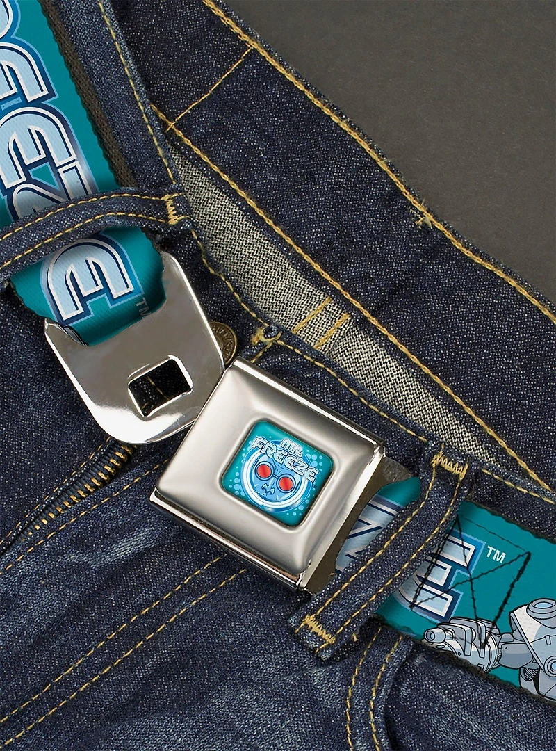 DC Comics Batman Villain Mr Freeze Poses and Title Logo Youth Seatbelt Buckle Belt