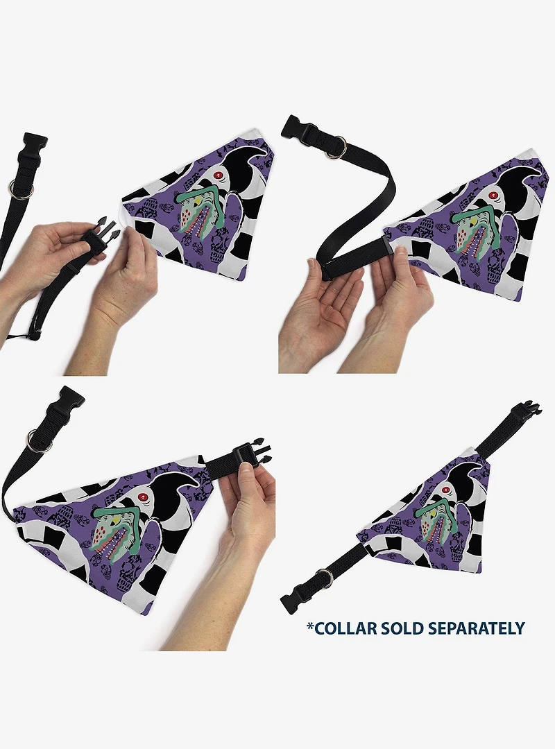 Beetlejuice Sandworm Pose and Skulls Icon Purple Black Slip On Collar Pet Bandana - Bandana Only