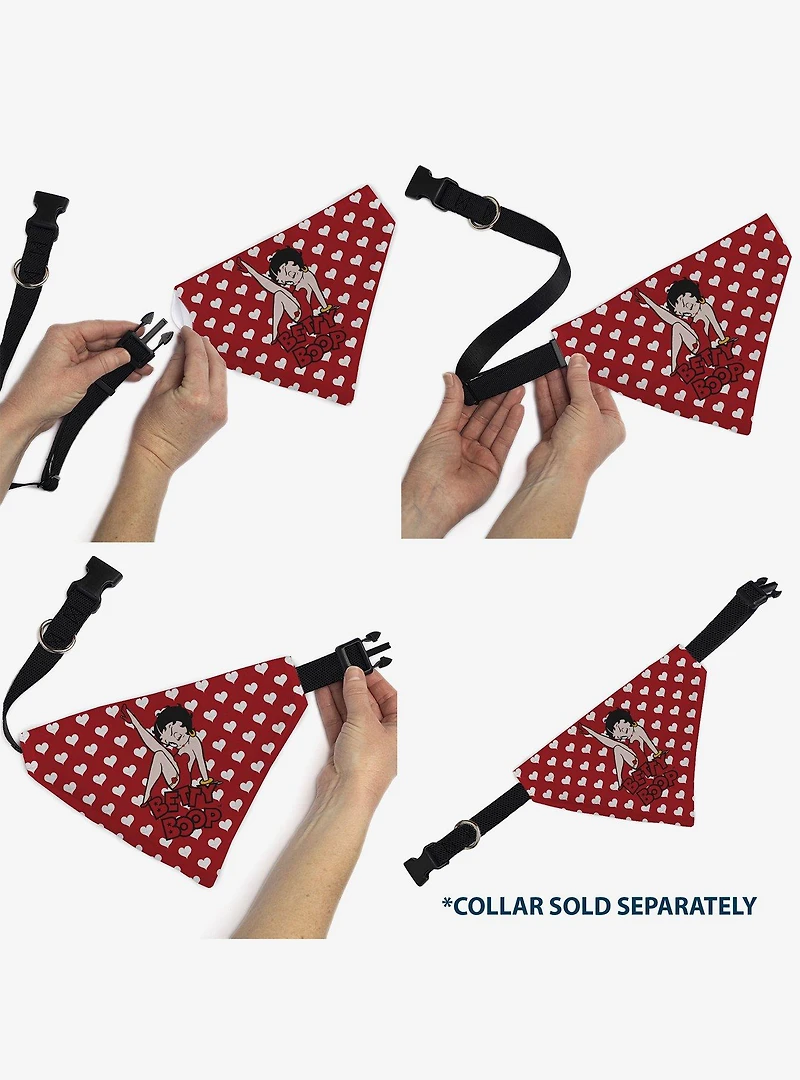 Betty Boop Seated Leg Kick Pose and Text Hearts White Slip On Collar Pet Bandana - Bandana Only