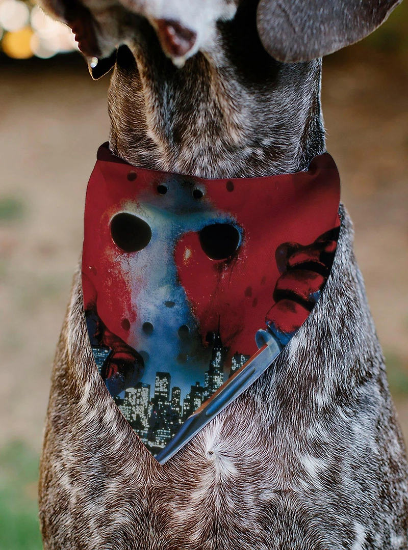 Friday The 13th Jason Hockey Mask Cityscape and Title Slip On Collar Pet Bandana - Bandana Only