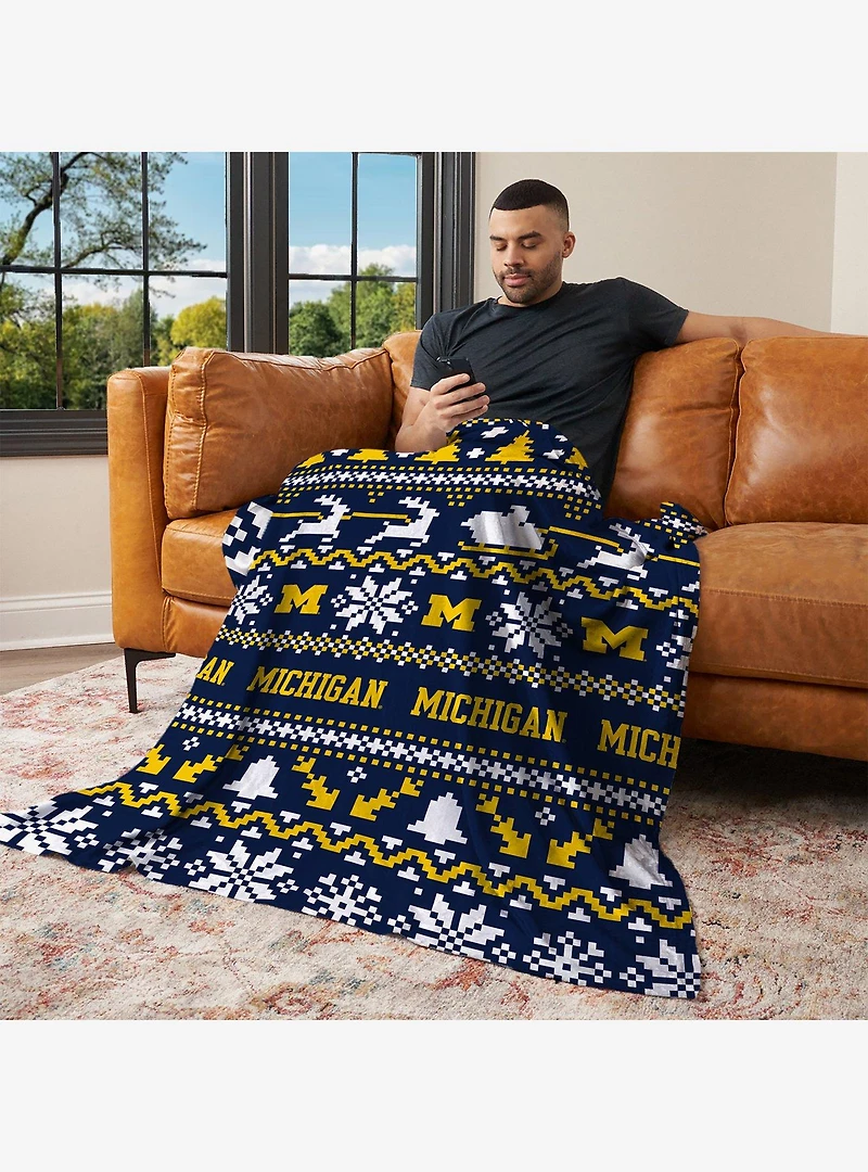 NCAA University of Michigan Wolverines Xmas Time Silk Touch Throw Blanket
