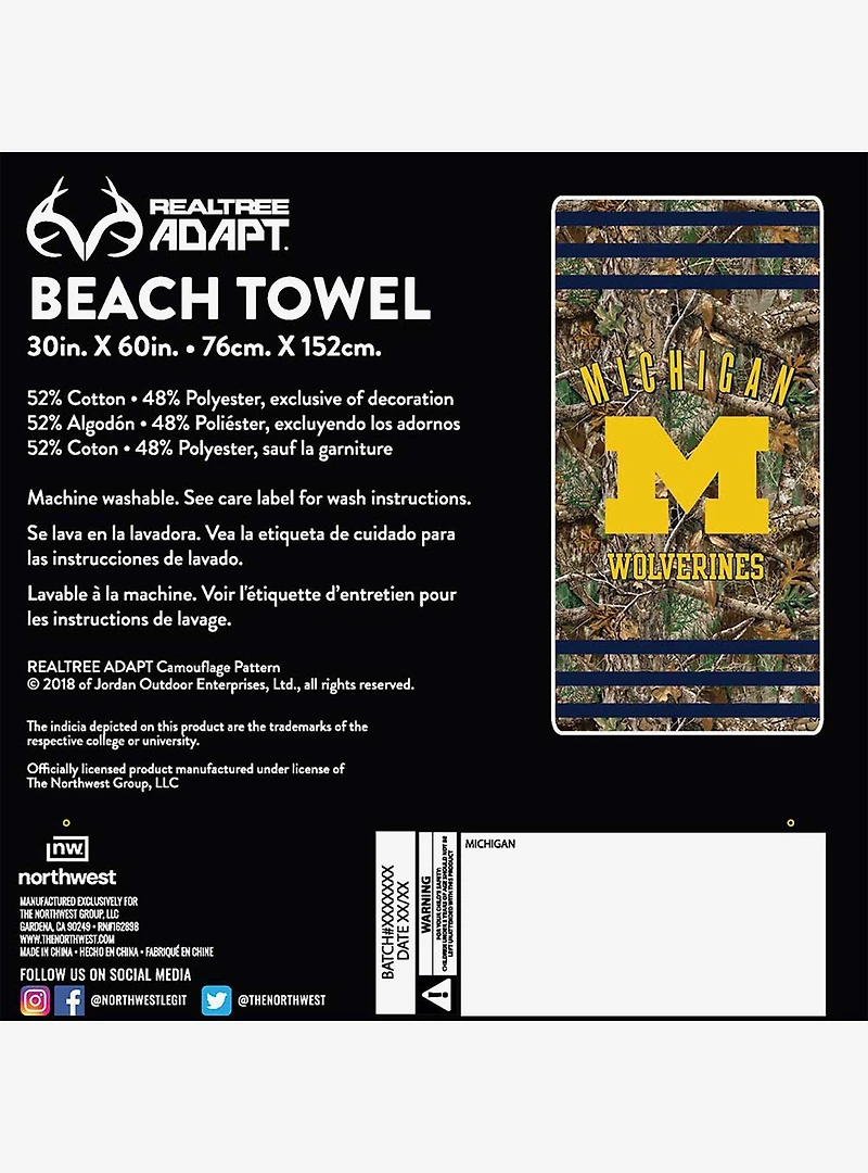 NCAA Michigan Realtree Stripes Beach Towel
