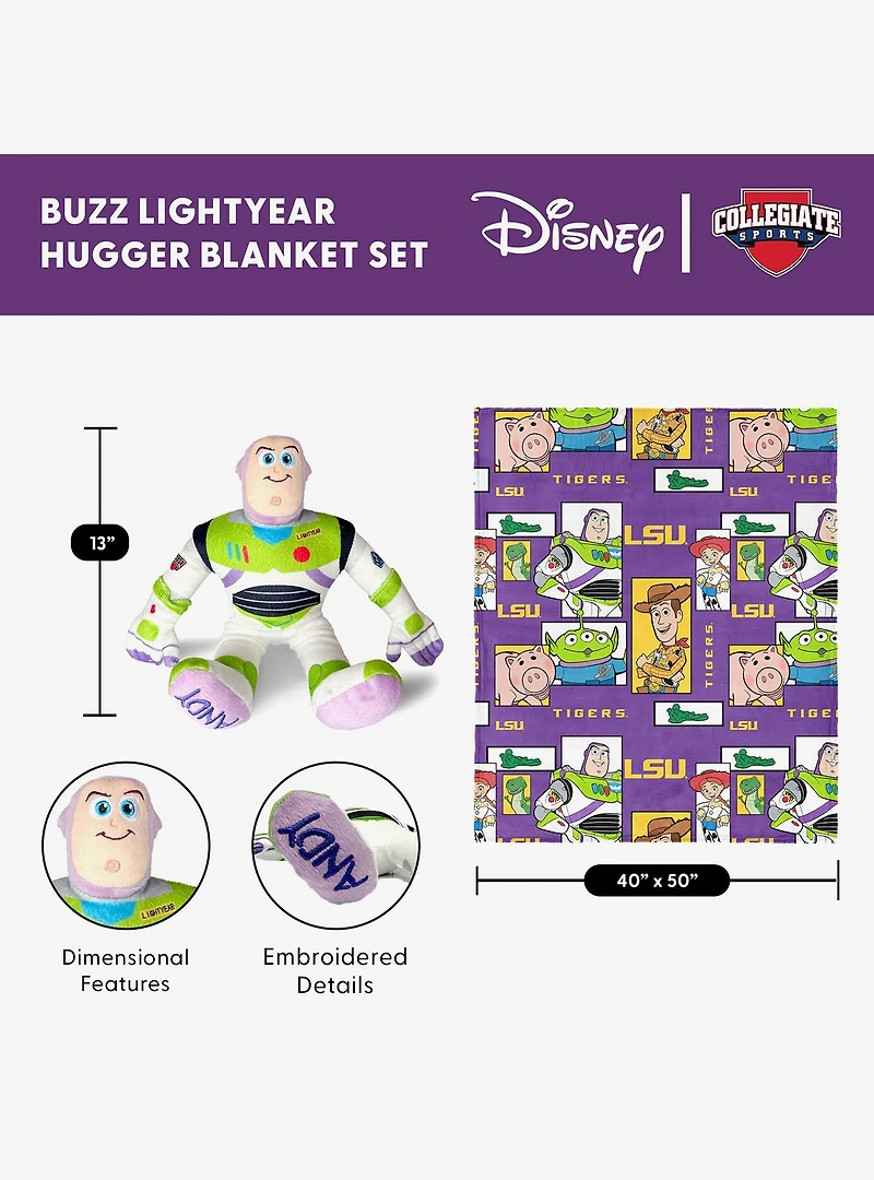 NCAA LSU Tigers Disney Toy Story Buzz Lightyear Cameo Hugger Pillow & Silk Touch Throw Blanket Set