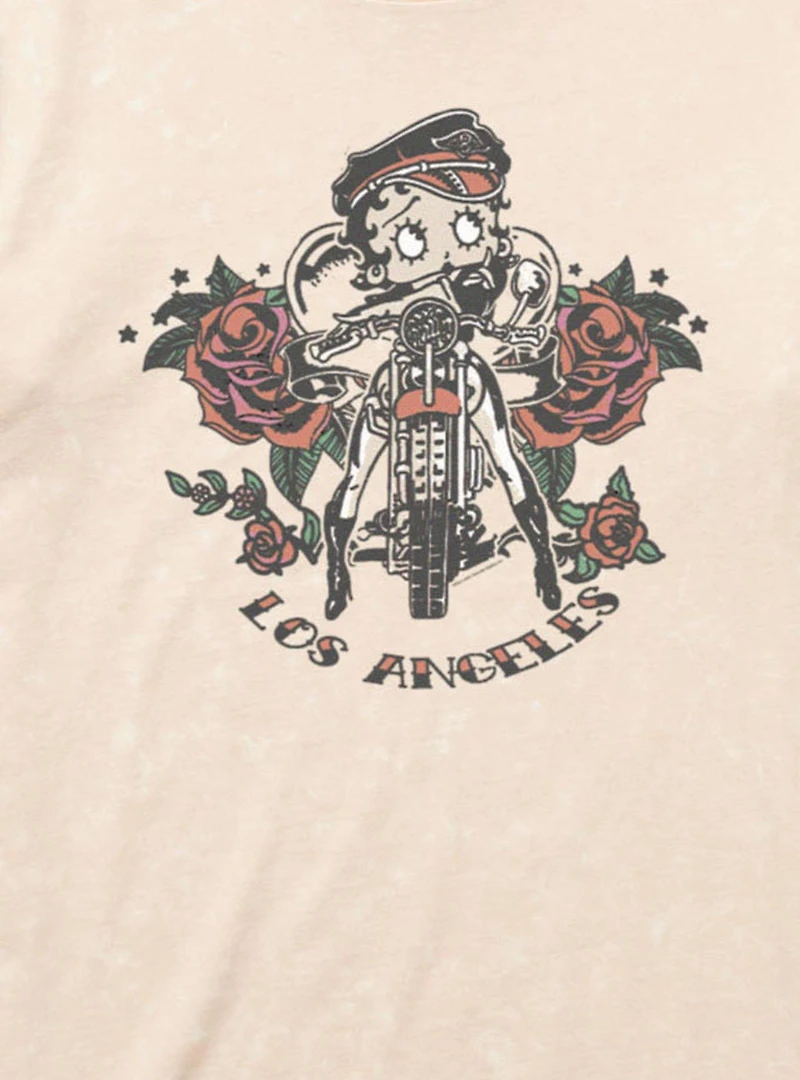Betty Boop Los Angeles Motorcycle Roses Mineral Wash T-Shirt