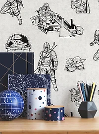 Star Wars The Mandalorian and Grogu Linocut Black Peel & Stick Wallpaper