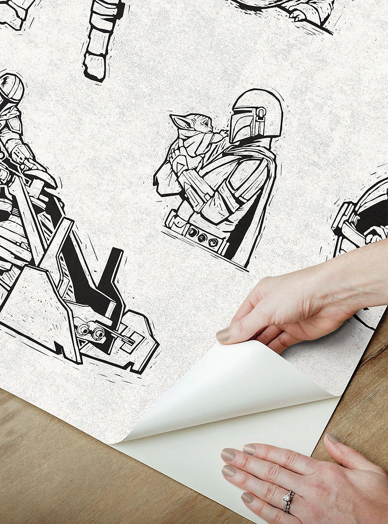 Star Wars The Mandalorian and Grogu Linocut Black Peel & Stick Wallpaper