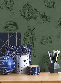 Star Wars The Mandalorian and Grogu Linocut Green Peel & Stick Wallpaper
