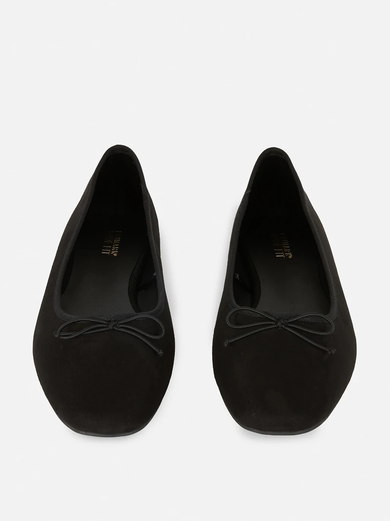 Women's Black Wide Fit Faux Suede Bow Ballerinas