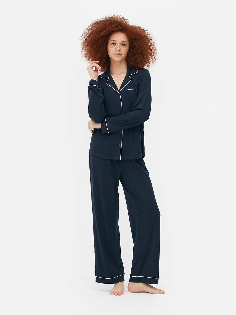 Women's Navy Jersey Knit Long Sleeve Boyfriend Pajama Set