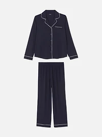 Women's Navy Jersey Knit Long Sleeve Boyfriend Pajama Set