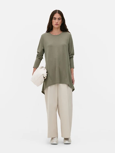 Long Sleeve Long Curved Hem Top