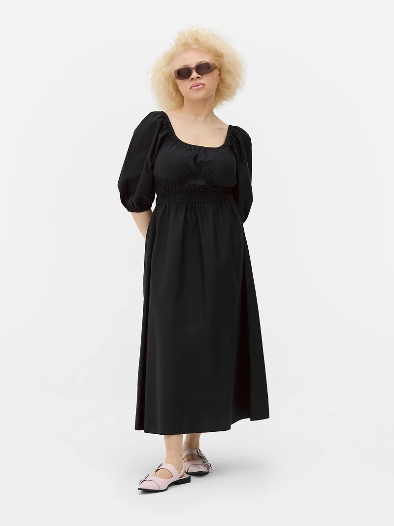 Poplin Shirred Midi Dress