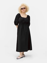 Poplin Shirred Midi Dress