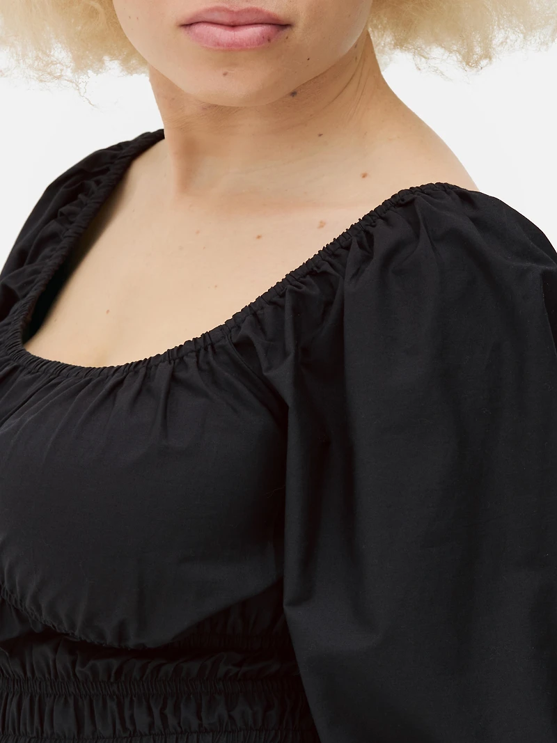 Poplin Shirred Midi Dress