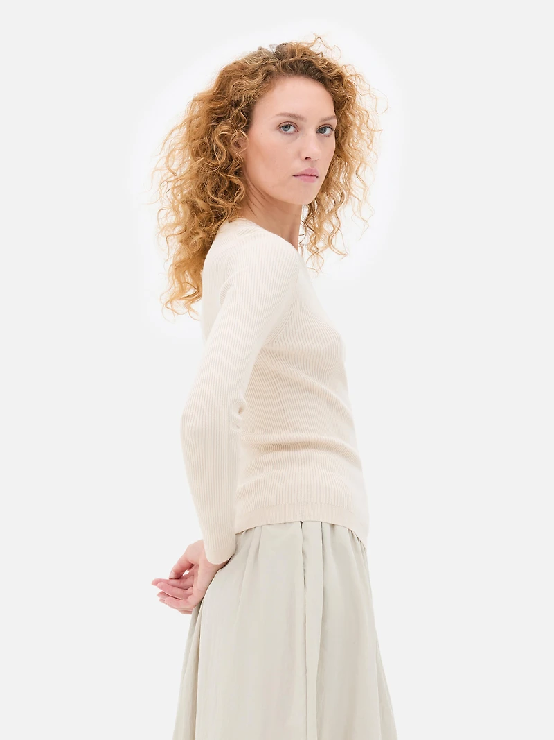 Women's Ivory Ribbed Crew Neck Sweate