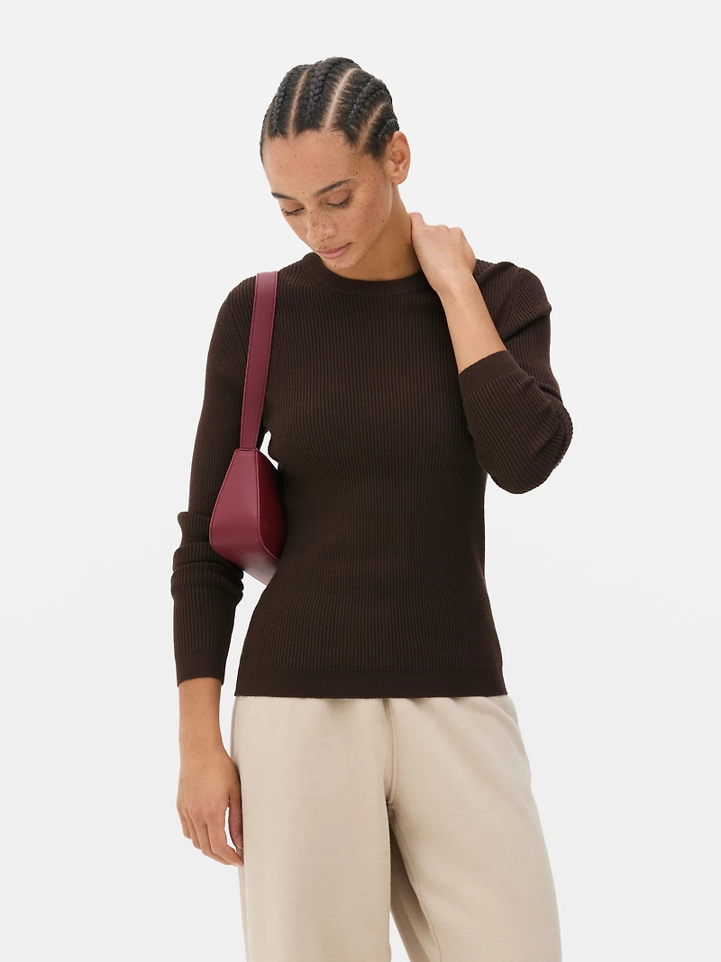 Women's Chocolate Ribbed Crew Neck Sweate