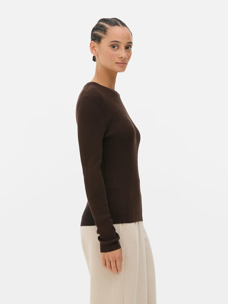Women's Chocolate Ribbed Crew Neck Sweate
