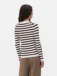 Women's White/Taupe Ribbed Crew Neck Sweate