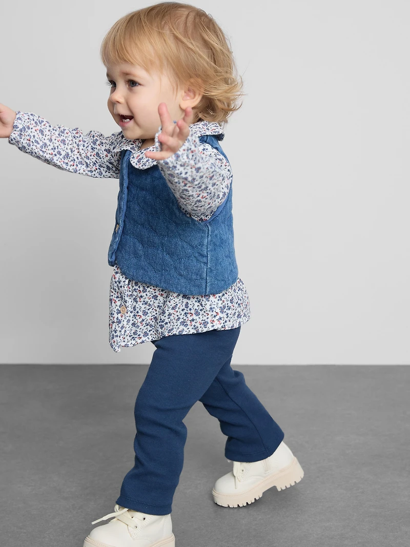 0-36mths | Blouse, Denim Vest, and Leggings Set