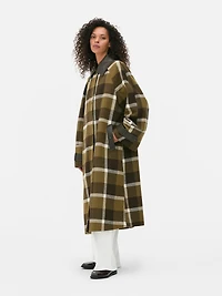 Faux Leather Trim Check Coat