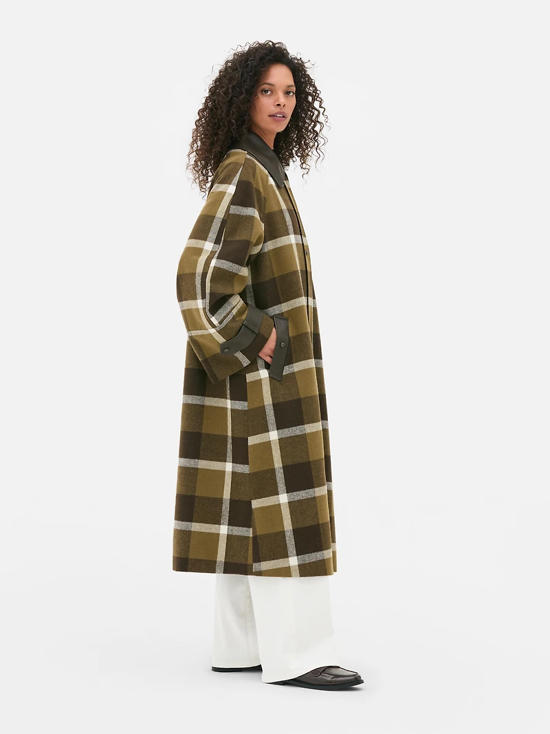 Faux Leather Trim Check Coat