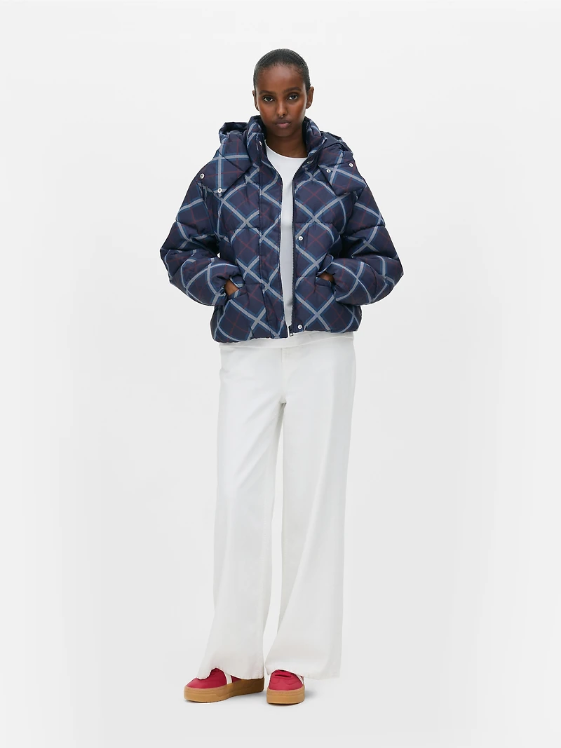 Short Check Puffer Jacket