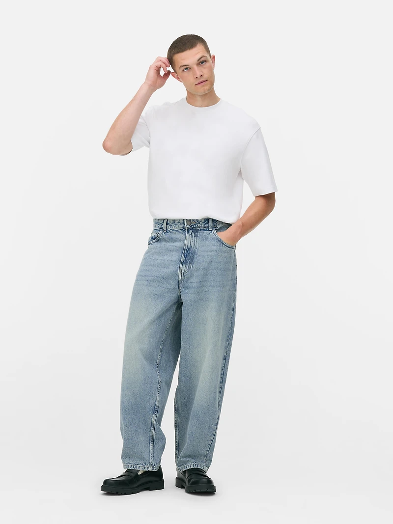Men's Light Blue Low-Rise Barrel Leg Jeans