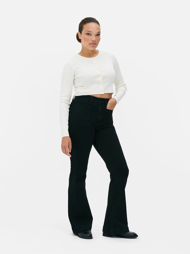 Patch Pocket Mid-Rise Flared Jeans