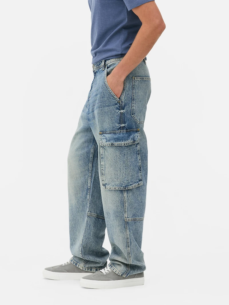 Men's Blue Mid-Rise Loose Cargo Jeans