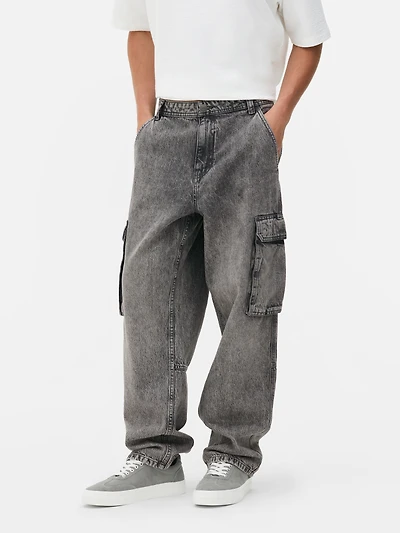 Men's Gray Mid-Rise Loose Cargo Jeans
