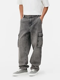 Men's Gray Mid-Rise Loose Cargo Jeans