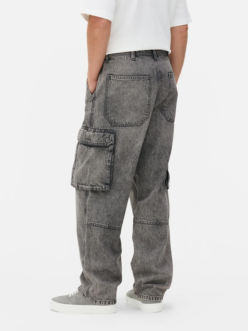 Men's Gray Mid-Rise Loose Cargo Jeans