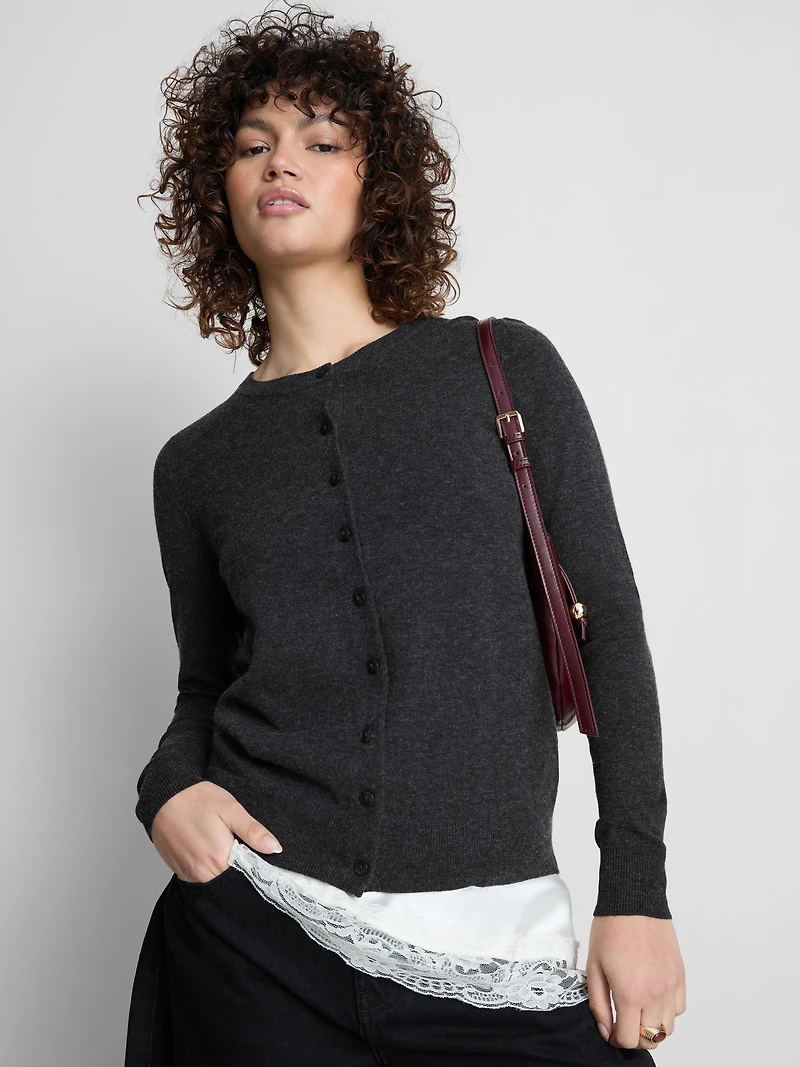 Women's Charcoal Long Sleeve Crew Neck Cardigan