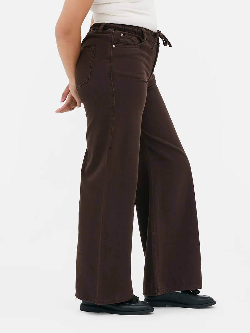 Drawstring High-Waisted Wide-Leg Jeans
