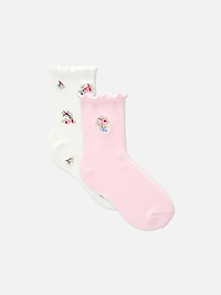 2pk Cosy Embroidered Quarter Socks