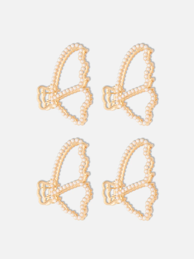 4pk Faux Pearl Butterfly Bulldog Hair Clips