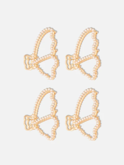 4pk Faux Pearl Butterfly Bulldog Hair Clips