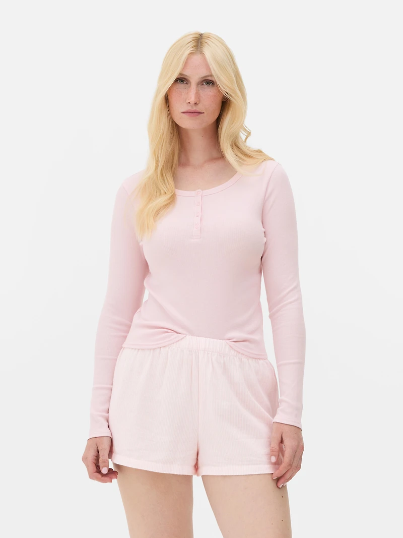 Women's Pink Cotton Henley Short Pajama Set