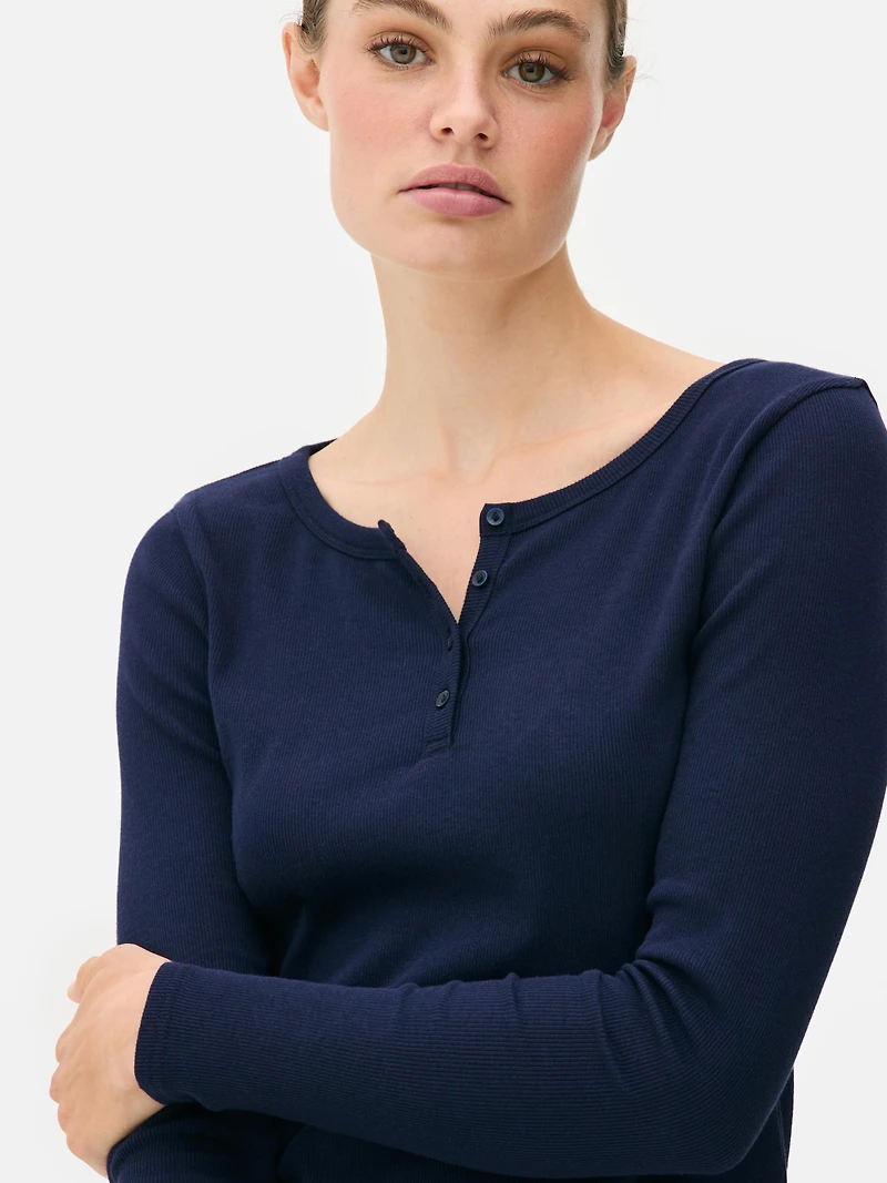 Women's Navy Cotton Henley Short Pajama Set