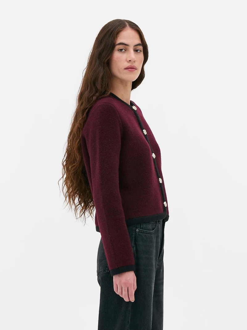 Contrast Trim Button Detail Cardigan