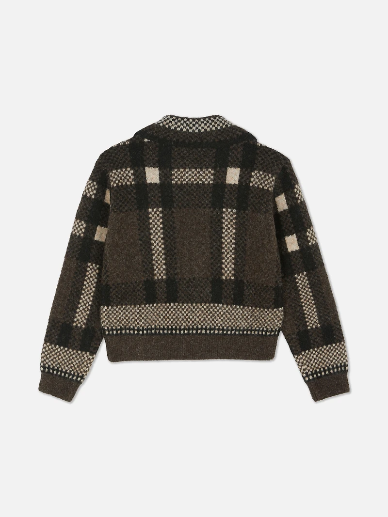 7-15yrs | Check Zip-Up Collared Cardigan