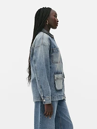 Rita Ora Faux Leather Collar Denim Jacket